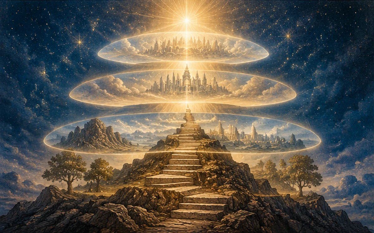 Symbolic golden stairway rising from an ancient stone temple through successive luminous landscapes toward a radiant celestial light