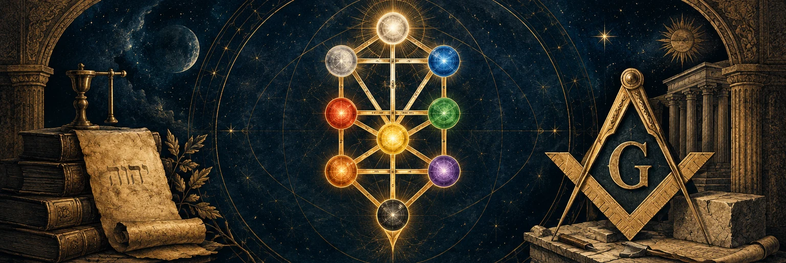 Original conceptual artwork of a Tree-of-Life-inspired arrangement of illuminated spheres alongside a Masonic square and compasses and an ancient scroll