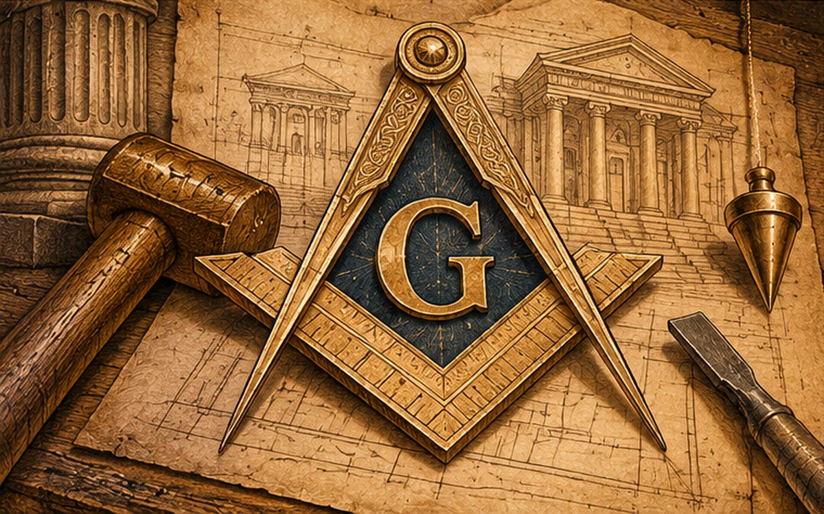 Antique engraved-style illustration of a golden square and compasses with the letter G resting on architectural drawings and stoneworking tools